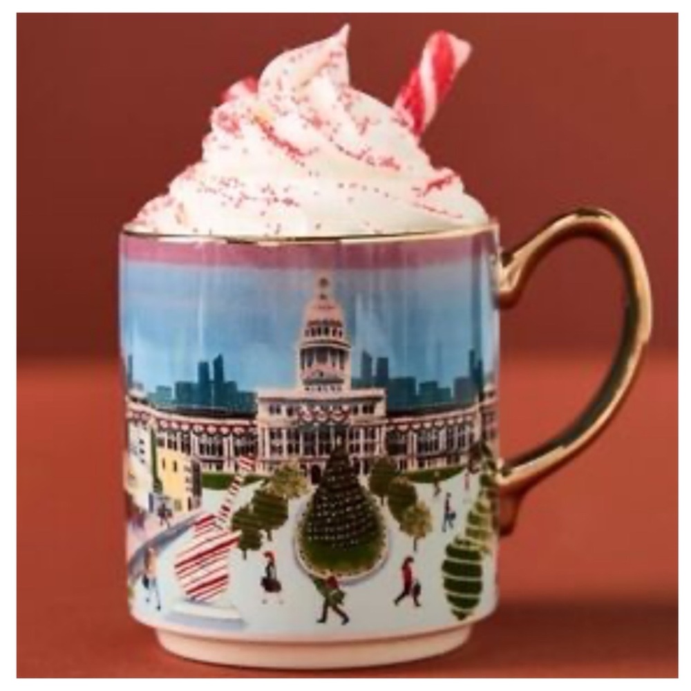 NIB Anthropologie Holiday in the City Hand painted Mug Austin Stoneware 13 OZ